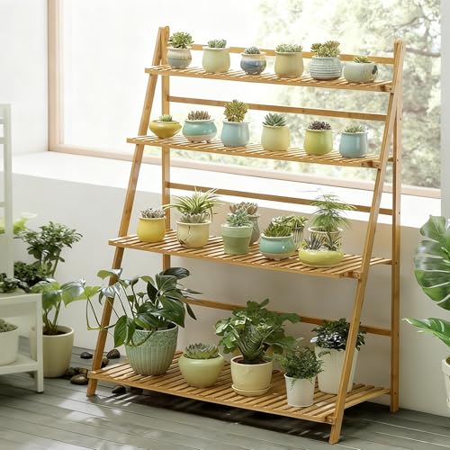 yxcen-home 天然竹製フラワースタンド 折りたたみ可能 3色から選べる プランタースタンド 植物棚 花棚 ガーデンラック 園芸ラック 多機能収納 室内屋外 観葉植物 鉢植え 組立簡単 ナチュラル/4段100*47*122cm