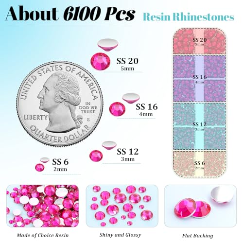 Image of 6100Pcs Resin Rhinestones for Crafting with 2Pcs 10ml B7000 Jewelry Glue, 1 Box Flatback Crystals Diamond (Hot Pink) for Bedazzling Crafts DIY Nail Art Non Hotfix Gems for Clothing Shoes