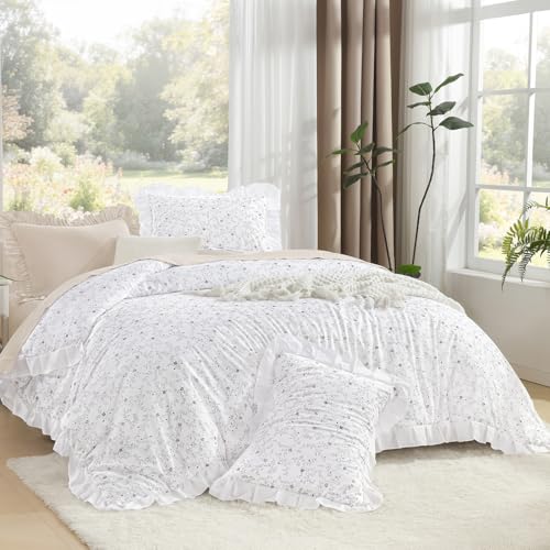 Image of Litanika Floral Ruffle Queen Comforter Set, 3 Pieces White Cream Farmhouse Aesthetic Soft Lightweight Fluffy Bedding Comforter Sets for Girls Women, All Season (90x90In Comforter, 2 Pillowcases)