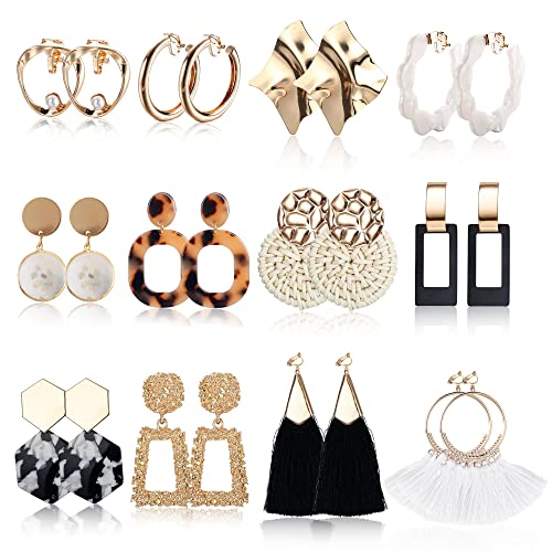 Finrezio 12 Paires de Boucles d'Oreilles à Clip pour Femmes Boucles d'Oreilles Pendantes en Rotin Acrylique Avec Gland Boucles d'Oreilles Géométriques Boucles d'Oreilles Non Perçantes