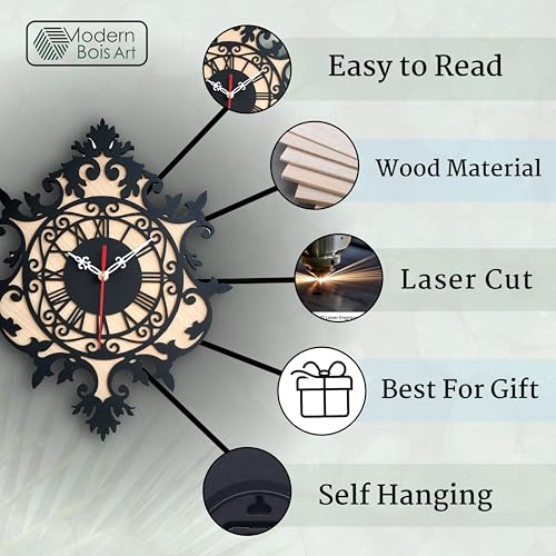 Image of Antique Geometric Design Handmade Wood Wall Clock, Big Size Modern Wall Clock for Home Decor (Black, and Rose Wood) Size 30Cm X 39Cm, MBCL01
