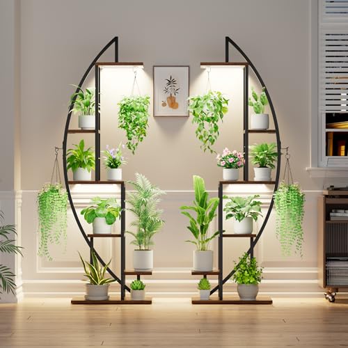 Plant Stand Indoor with Grow Lights, 6 Tiered Tall Plant Shelf, 63" Metal Plant Stand for Indoor Plants Multiple, Half-Moon Plant Rack Display Shelf, 2 Pcs Plant Holder for Living Room, Patio