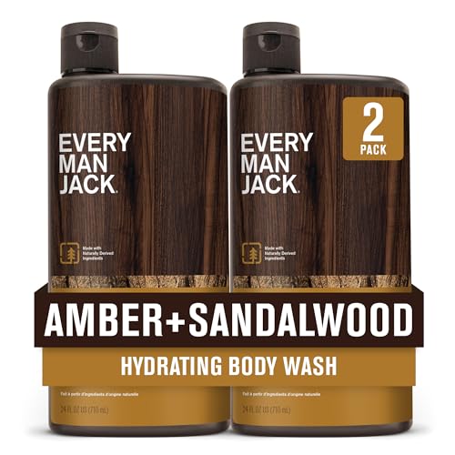 Every Man Jack Amber+Sandalwood Hydrating Mens Body Wash for All Skin Types-Cleanse Nourish and Hydrate Skin with Naturally Derived Ingredients-Paraben Free Phthalate Free Dye Free-24oz(Pack of 2)