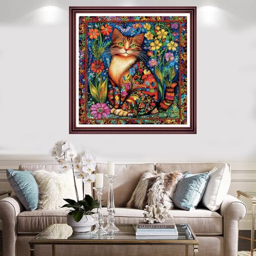 Image of Redxing Stamped Cross Stitch Kits Full Range of Embroidery Starter Kits- Needlepoint Counted Cross Stitch Kits for Beginner Adults 11CT Printed Embroidery Kit-Magical Flower Cat 18x18 inch