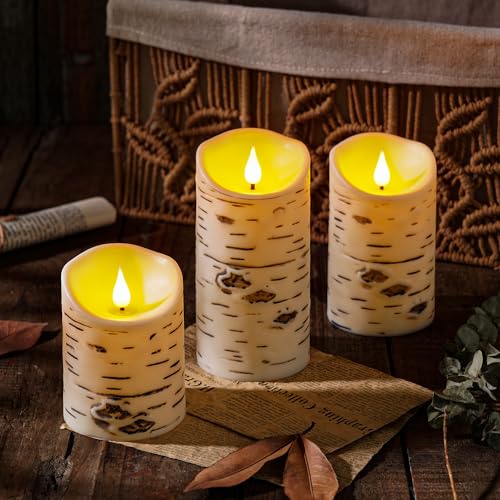 Image of QQFCTOO Birch Bark Flameless Candles, Flickering Battery Operated LED Candles, Electric Plastic Pillar Candles with Remote & Timer, Rustic Farmhouse Home Decor, Wedding Centerpiece, Gift Set of 3