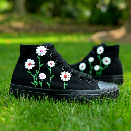 Women High-Top Fashion Sneakers with Floral Embroidery Birthday Gift Wedding Shoes for Bride White Canvas Tennis Walking Shoes2