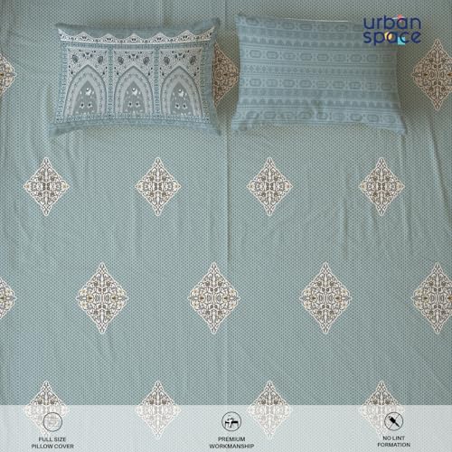 Image of Urban Space Regal 300 TC 100% Cotton Bedsheet for Double Bed, Panel Design Bedsheet, Printed Queen Size Bed Sheet with 2 Pillow Covers (90 x 108 Inches, Jharokha Dusty Blue)
