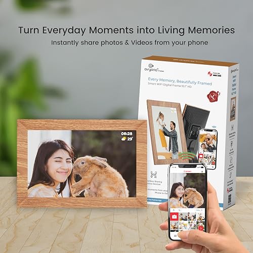 Image of Avyona 10.1 Inch WiFi Digital Photo Frame | Share Photos & Videos Instantly with Frameo | IPS Touch Display, 32GB Internal Memory, Smart Orientation Support | Elegant Wooden Brown Frame for Home