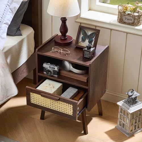 Image of Lerliuo Rattan Nightstands Set of 2, Bedside Table with Drawer Open Shelf | Cane Accent Side End Table with Solid Wood Legs, Walnut Vintage Night Stand for Bedroom, Dorm and Small Spaces