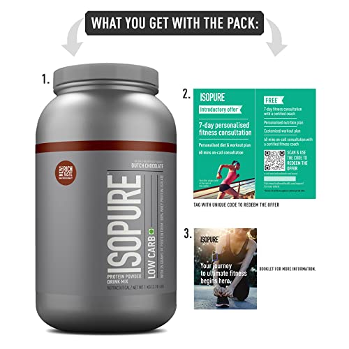 Image of Isopure Low Carb Whey Protein Isolate Powder 2.20 lbs, 1 kg (Dutch Chocolate), 25g Protein per serve, Gluten-Free, Aspartame-Free, Vegetarian protein for Men & Women. Offer Pack