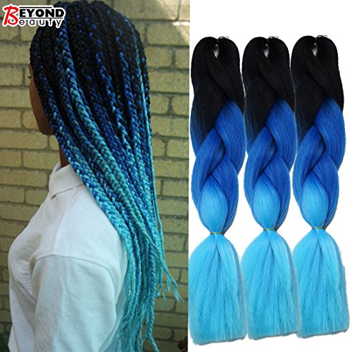 Synthetic Yaki Straight Ombre Jumbo Braiding Hair Extensions High Temperature Fiber Crochet Braids Hairstyles (Black Dark Light Blue)