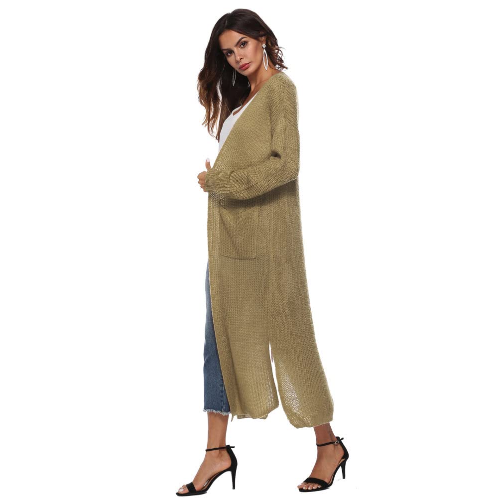 Cárdigan para Mujer Cárdigan de Punto para Mujer Abrigo Liso Color Caqui Suéteres Largos Cárdigan de Manga Larga con Frente Abierto Cárdigan de Primavera Chaqueta de Punto Suave para Uso Diario