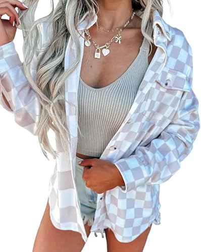 SELINK Casual Checkerboard Flap Pocket Button Front Shacket Jacket for Women Plaid Floral Long Sleeve Daily Outerwear