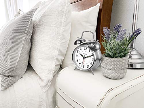 Sharp Twin Bell Alarm Clock - Loud Alarm - Great For Heavy Sleepers - Battery Operated Quartz Analog Clock (Brushed Silver) #TOP5