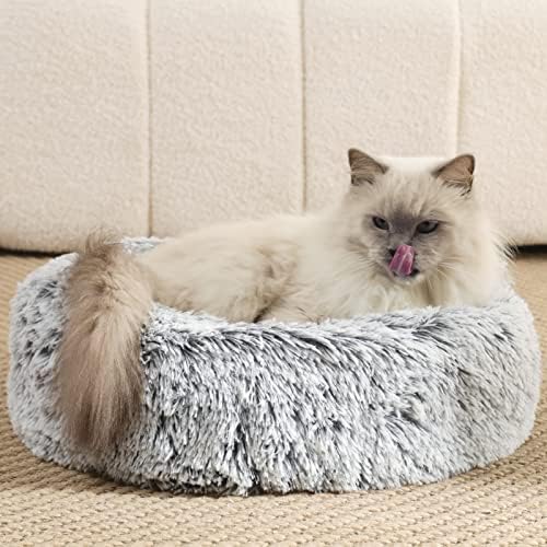Small Dog Bed, Cat Bed, Dolpiet Fuzzy Donut Dog Bed with Warm Plush Faux Fur, Anti Anxiety Pet Bed, Calming, Relieve Joints and Improve Sleep, Washable – Gray, 20″ x 20″