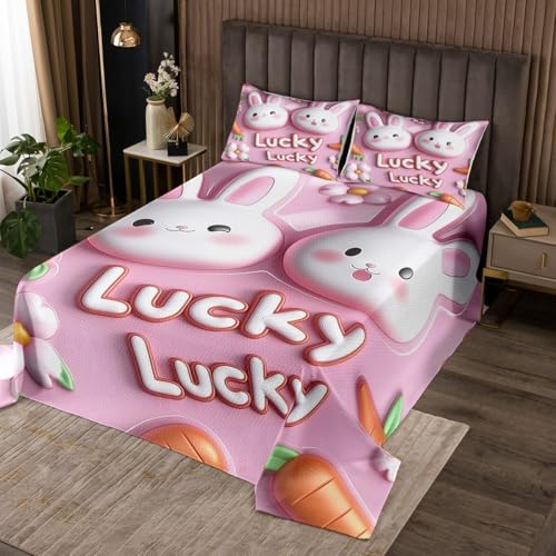 Homewish Pink Rabbit Bedspread Twin Size,3D Print Animal Bedding Sets for Kids Girls Boys Adult Room Decor,Kawaii Cartoon Carrots Comforter Set Cute Pink Flower Reversible Quilt Set,1 Pillowcase
