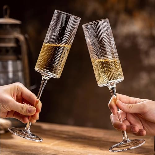 Juego de 2 copas champán con relieve un regalo ideal de cristal con base alta 6