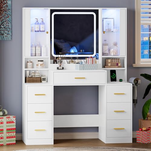 Image of HUANLEGO Makeup Vanity Desk with Mirror and LED Lights for Girls, White | Farmhouse Dressing Table Set for Women, LED Glass Cabinet, 7 Drawers, Power Outlet, Hair Dryer, 3 Lighting Modes