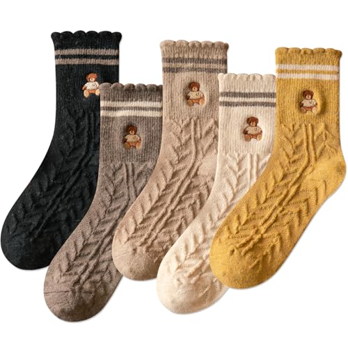 Image of IIG 5 Pairs Women's Vintage Style Thick Wool Warm Winter Crew Socks