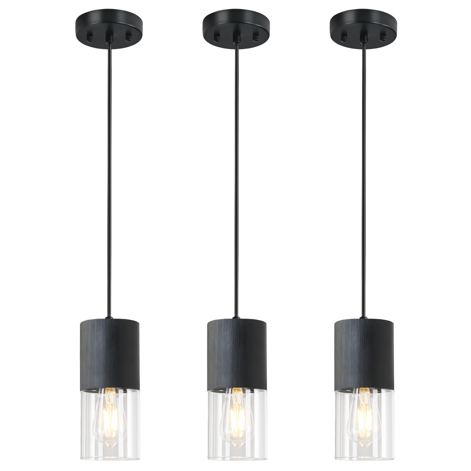 3-Pack Black Pendant Light Fixtures, Adjustable Modern Pendant Lights for Kitchen Island, Industrial Clear Glass Pendant Lights for Dining Table Hallway Bedroom Living Room