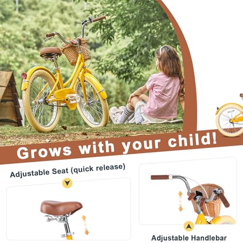 Image of Glerc Little Molly 12-20 Inch Kids Retro Cruiser Bike for 2-13 Year Old with Wicker Basket & Training Wheels /Kickstand, Multiple Colors