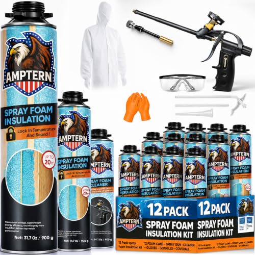 12 Pack Spray Foam Insulation Kit for Walls - Closed Cell High Density Expanding Foam Up to 240 Board Feet Coverage for Garage Door and Attic Heat Acoustic Foam with Gun Cleaner