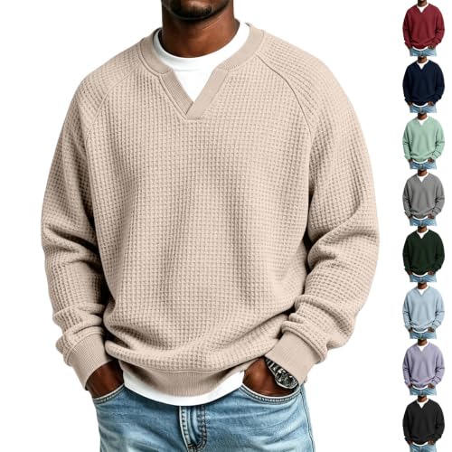 Long Sleeve Waffle Shirt Men Thermal Cozy V Neck Sweater Fall Outfits L - image 1