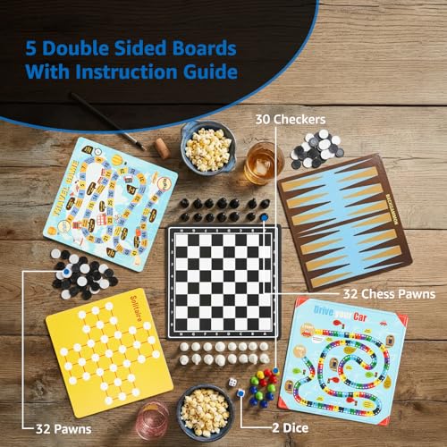 Image of Amazon Brand - Jam & Honey 10-in-1 Classic Board Games for Smart Kids|Chess,Ludo,Snakes & Ladders,Checkers & More|Boosts Decision Making,Strategic Thinking & Problem Solving|Ages 5+ Years(Multicolor)