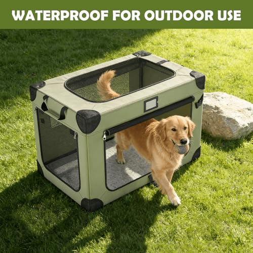 42 Inch Collapsible Dog Crate, Portable Dog Travel Crate for Large Dogs, Oxford Fabric Pet Carrier with 3 Mesh Doors, Plush Mat and a Foldable Bowl for Indoor & Outdoor, Green by QUIBBLICK - Image 8