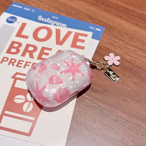 Image of MINSCOSE for AirPods Pro 2nd /1st Generation Case,Cute Glitter Seashell and Starfish Pattern Design with Folral Keychain,Soft TPU Protective Cover for Girls Women for AirPods Pro /Pro 2-Pink
