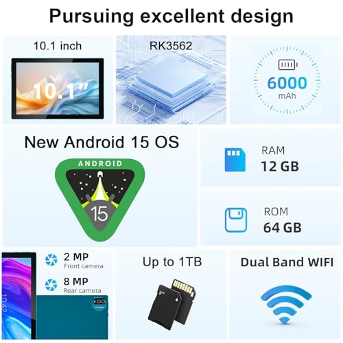 Image of 10 Inch Tablet Android Tablets 64GB 12GB RAM 10 inch Android Tablet Supports 1TB Expansion Dual Camera 6000mAh Long-lasting battery WiFi-6 Tableta 2 IN 1 Tablets with Bluetooth Mouse Case Stylus Keyboard