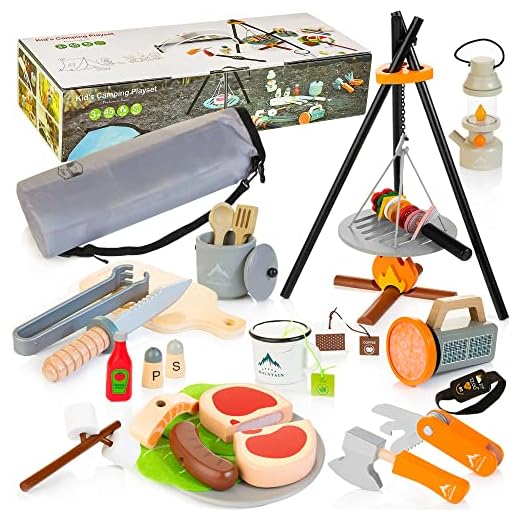 HELLOWOOD Wooden Camping Toys Set for Kids, 45 pcs Camping Gears and Grill Bonfire Toys with Play Food & Storage Bag, Indoor Outdoor Pretend Play Set Gift for Boys Girls Age 3+