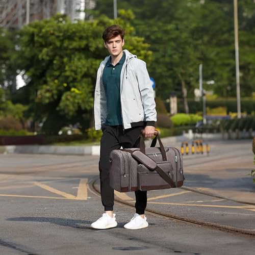 Image of Wolhbege Duffle Bag for Travel, Men's Carry On With Expandable Design and Luggage Sleeve - Canvas Duffel for Gym, Weekender, Overnight Trips, Grey