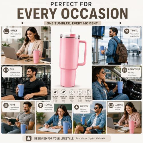 Image of Clazkit 1200ML Tumbler with Handle & Straw, Plastic Travel Cup, Leakproof Reusable Mug for Cold Beverages, Office, Gym & Car - Blue