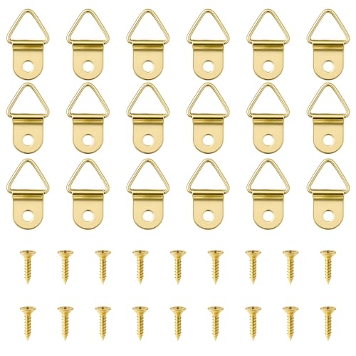 Image of 150pcs Steel Picture Hangers,Golden Picture Hanging Kit,Small Triangle Ring Iron Pictures Hangers with 150 Pieces Screws,D-Ring Pictures Hanger,Heavy Duty Hanging Hooks for Clock,Decoration