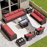 RTDTD 16 Pieces Outdoor Patio Furniture Set Sectional Sofa Conversation Sets w/ETL Approved 45" Gas Fire Table & Coffee Table, Swivel Rocking Chair Red
