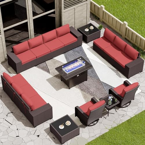 RTDTD 16 Pieces Outdoor Patio Furniture Set Sectional Sofa Conversation Sets w/ETL Approved 45" Gas Fire Table & Coffee Table, Swivel Rocking Chair Red