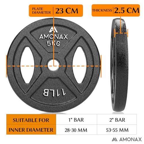 Amonax AMONAX Weight Plates Set, 2.5kg, 5kg, 10kg Dumbbell Plates for 1 & 2 Inch Olympic Weight Bars, Metal Barbell Plates for Weight Lifting Hip Thrust, Cast Iron Steel Weight Plates for Home Gym - Image 5