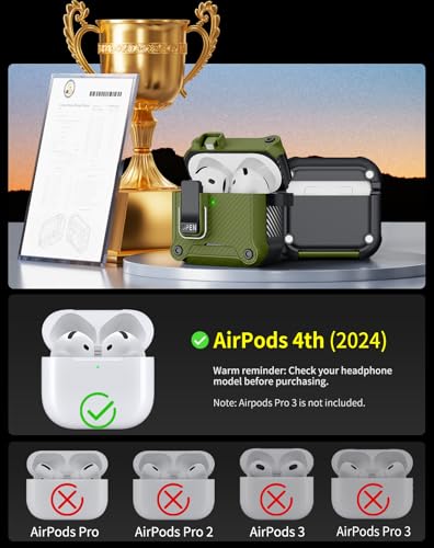 Image of Pohgelan for AirPods 4 Case with Safety Lock-Dark Green | Carbon Fiber Texture Cover,Magnetic Automatic Lock with Cleaning Kit&Keychain,Compatible with Magsafe