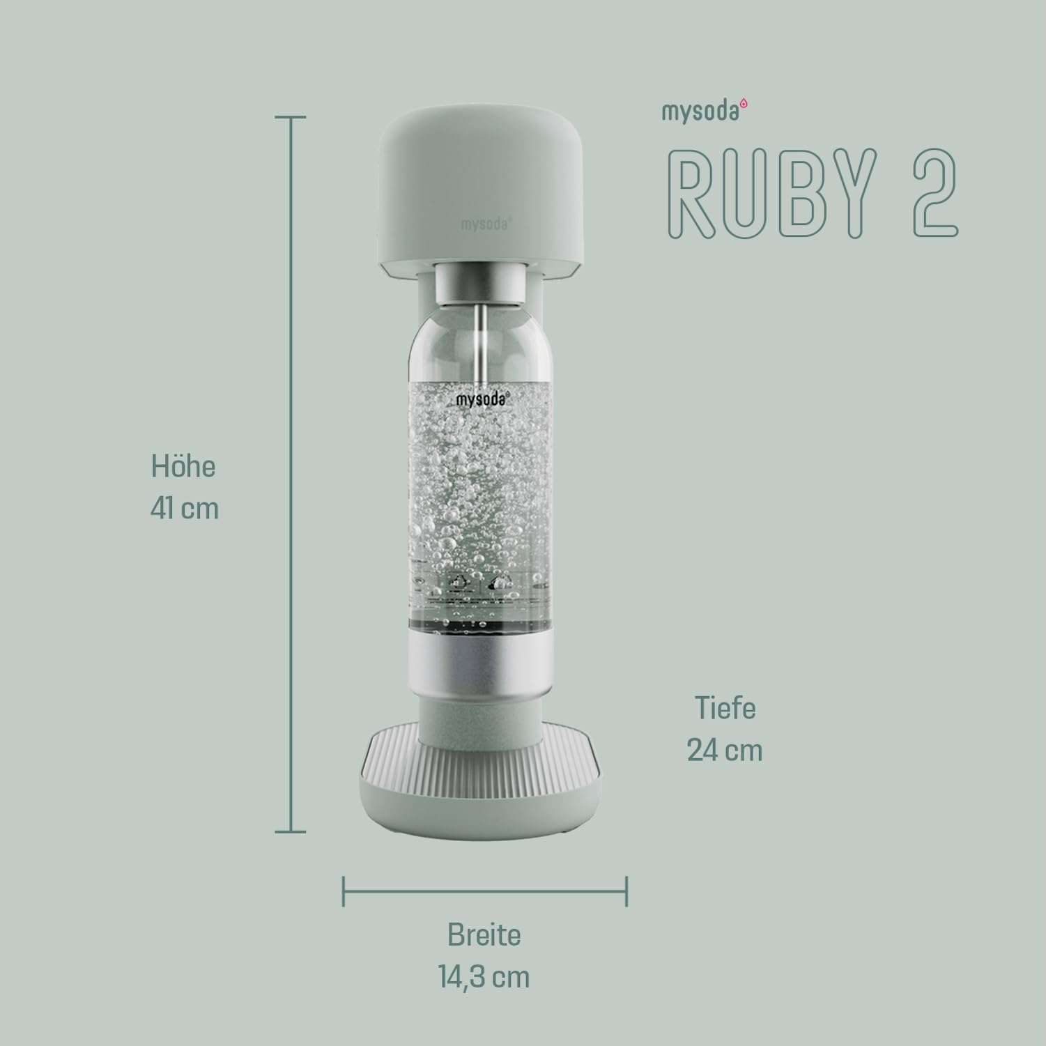 Mysoda: Stilvoller Ruby 2 Wassersprudler aus robustem Aluminium (ohne CO2-Zylinder) mit hochwertiger 1-Liter-Wasserflasche in Premiumdesign - Salbeigrün (Pigeon)