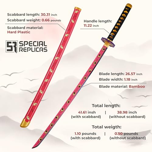 Demon Slayer Katana Schwert 105 cm/41 Zoll - Samurai Schwert Holz für Anime Cosplay - Bokken Bambusholz mit Gürtel und Ständer - Anime Schwerter Dekorative Requisiten - (Kokushibo’s Kyokokukamusari)