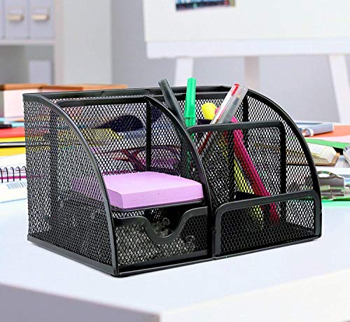 Image of Metal Wire Mesh 6 Compartment Desk Organizer Pencil Holder with Drawer Desk Tidy Stationary Holder