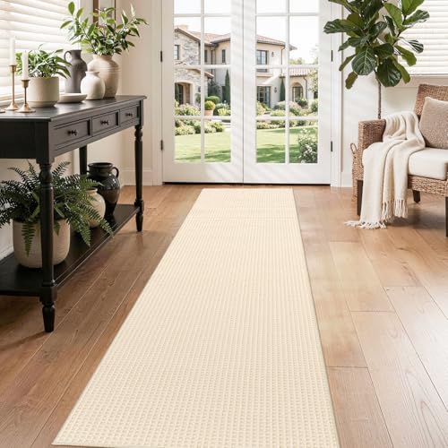 Image of Waffle 2x8ft Runner Rug for Hallway: Extra Long Absorbent Bath Mat, Beige | Washable Non Slip Kitchen Rug, Bathroom Laundry Bedside, Soft Quick Dry Throw Carpet, Modern Farmhouse Home Decor