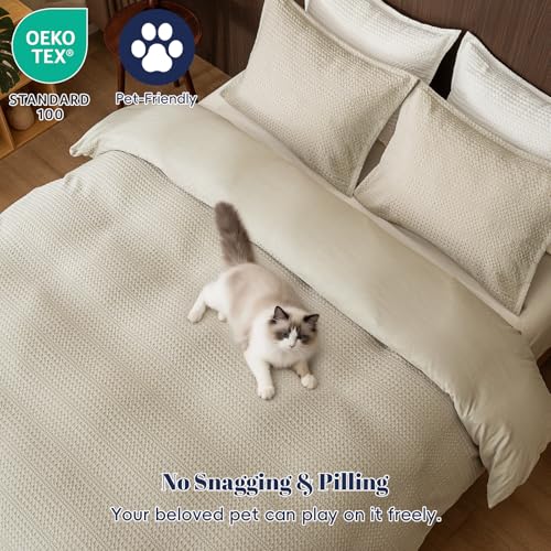PHF Soft Waffle Duvet Cover King Size- Luxury Textured No Snagging Waffle Weave Comforter Duvet Cover(104\"x90\") with 2 Pillow Shams, 3 Pieces Breathable Bedding Set for All Season, Natural - Thumbnail 3
