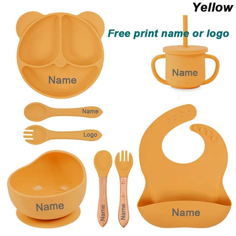 Personalized Baby Name Panda Ear Bear Feeding Set 8Pcs, Custom Name Baby Silicone Weaning Set, Feeding Set With Name BPA Free