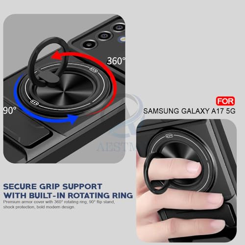 Image of AESTMO Samsung A17 / M17 / F17 / A26 5G Back Cover | Armor Camera Slider 360 Degree Rotating Finger Ring Holder Case with Bracket Stand Back Case Cover (Compatible with MagSafe Accessories) (Black)