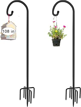 Artigarden 108 inch Outdoor Shepherd Hook with 7 Prong Base 2 Packs, Adjustable Heavy Duty Garden Hanging Stake for Bird Feeder Solar Light Plant Hanger Wedding Decor, Matte Black