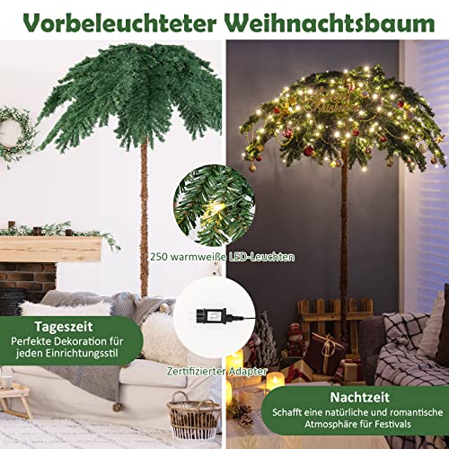 COSTWAY 180 cm Künstliche Palme beleuchtet, Kunstbaum mit 250 LED-Lichtern in Warmweiß, LED Baum mit 813 Spitzen & Metallständer, Lichterbaum für Weihnachten & Terrasse, Innen- und Außendekoration
