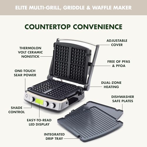 GreenPan Elite 7-in-1 Multi-Function Contact Grill & Griddle, Healthy Ceramic Nonstick, Grill & Waffle Plates, Adjustable Shade & Shear, Closed Press/Open Flat Surface, PFAS-Free, Cream White