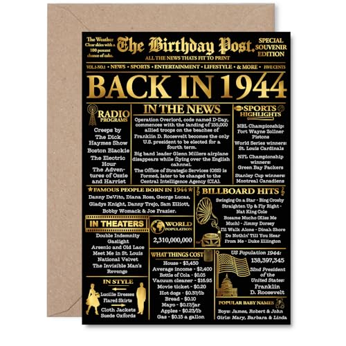 Stuff4 Gold 82nd Birthday Card for Men Women - Black & Golden Newspaper Back in 1944 - Happy 82 Birthday Cards for Nan Uncle Dad Aunt Grandma Grandpa, A5 Bday Greeting Cards